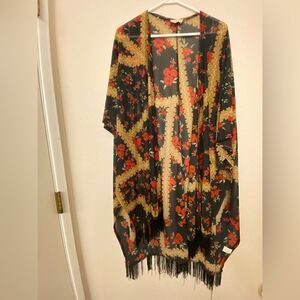 Ember Floral Boho Fringe Festival Kimono Duster Cardigan Fringe mesh sheer Large